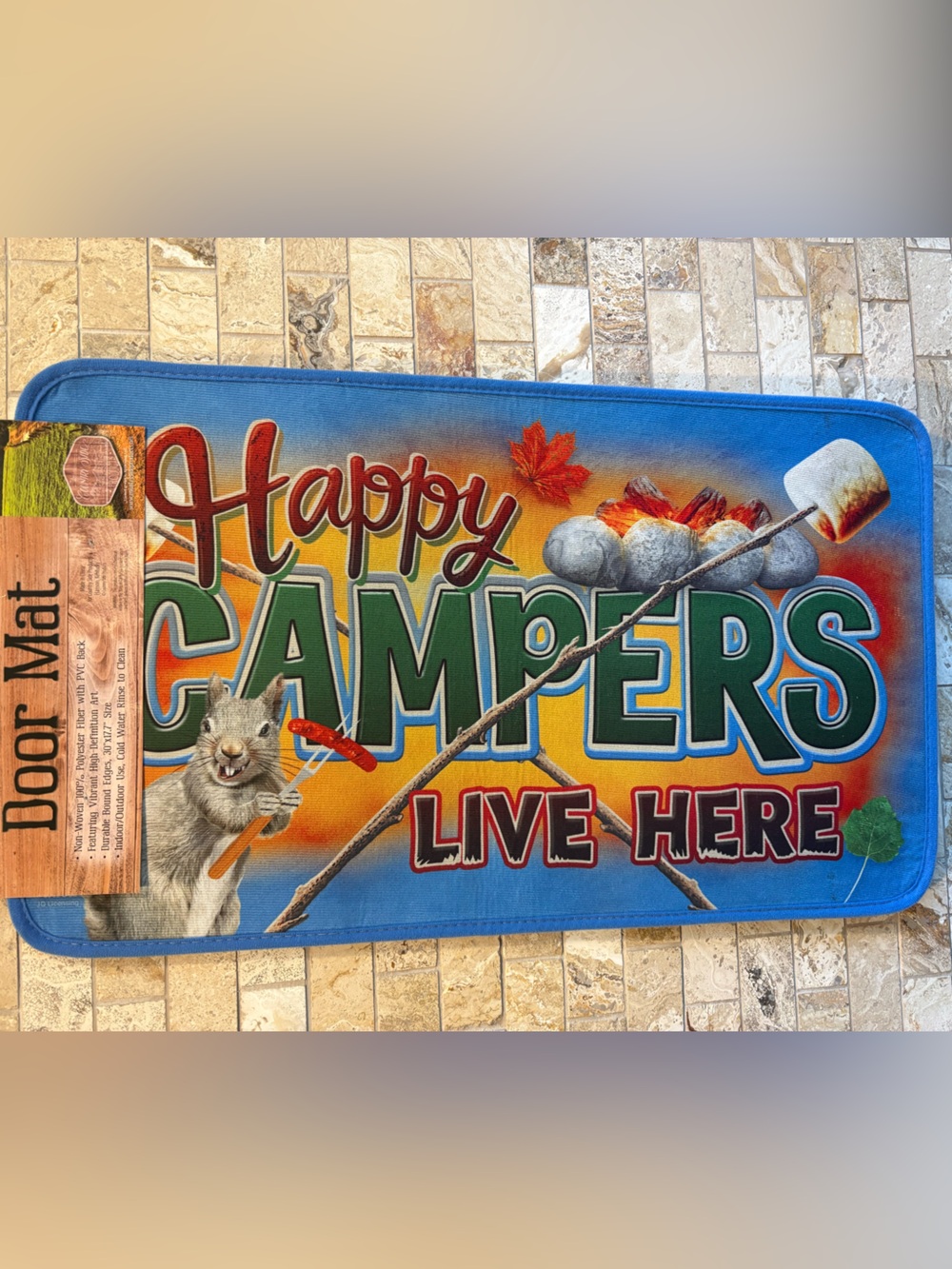 Happy Campers Live Here Door Mat, 17.7”x30” Rug. Indoor/Outdoor. Squirrel.